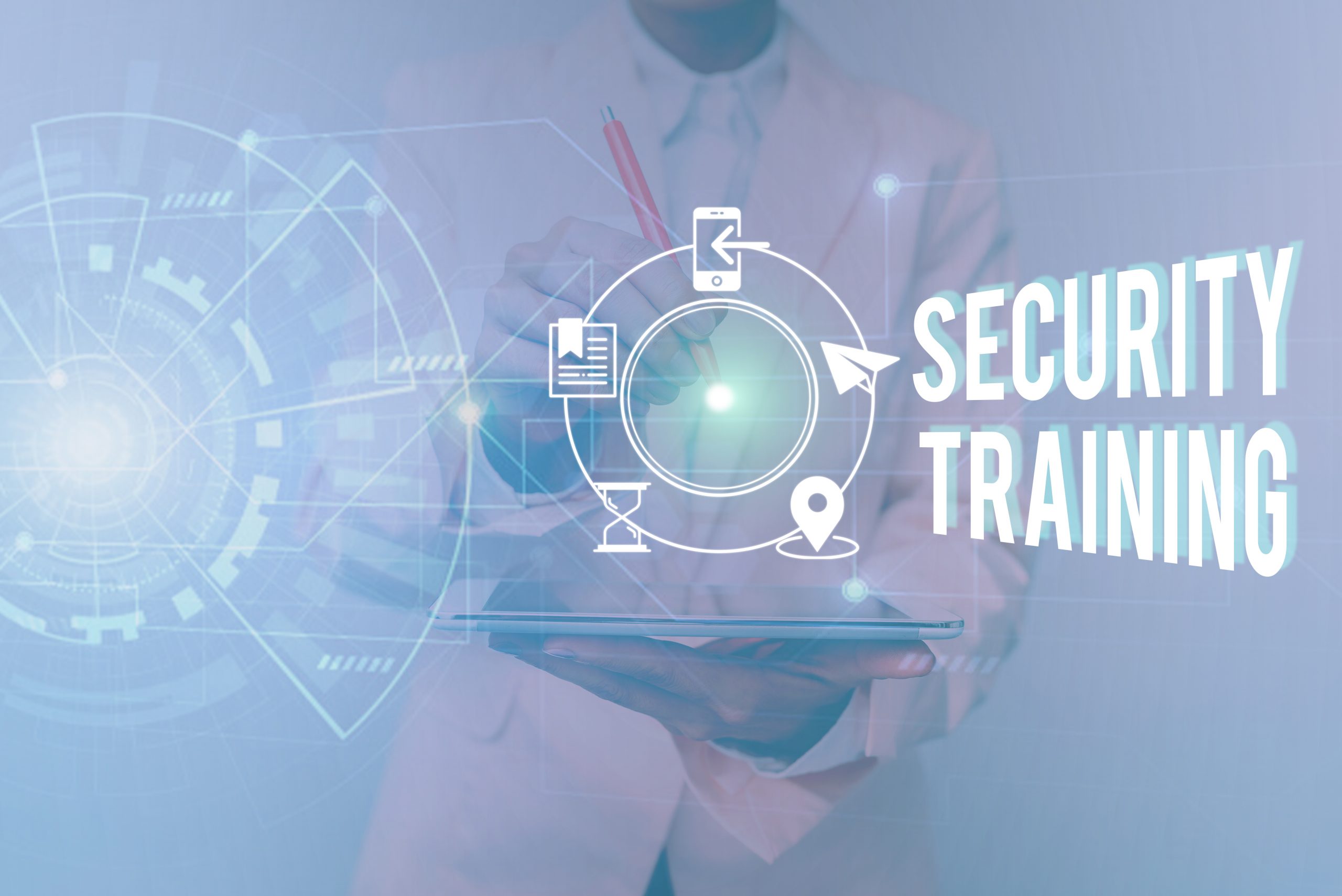 Hand writing sign Security Training. Business overview providing security awareness training for end users Woman In Uniform Standing Holding Tablet Showing Futuristic Interface.